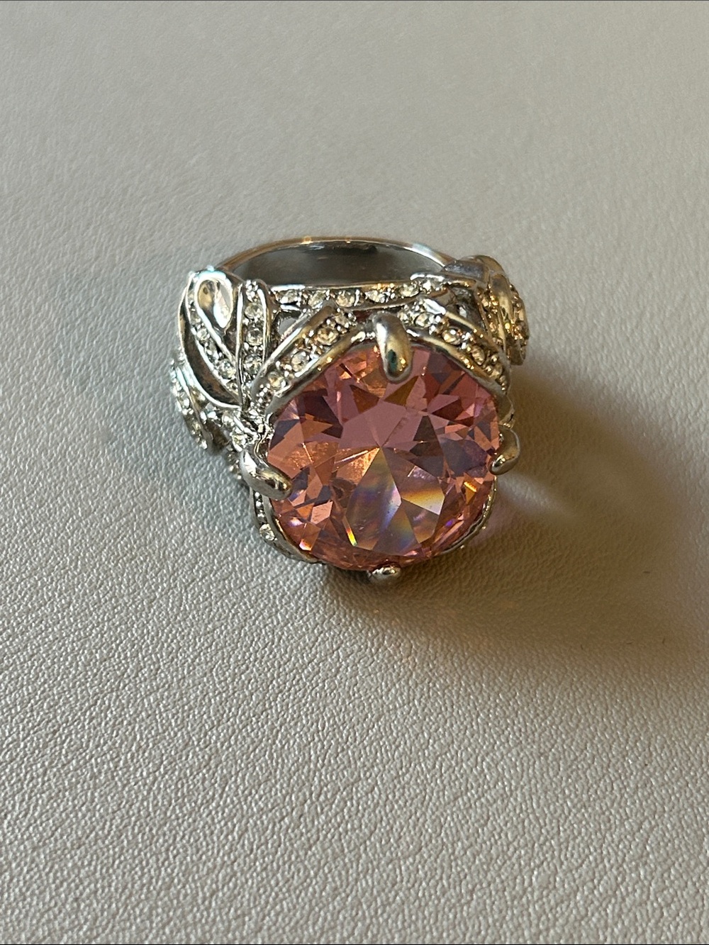 Silver Ring with Pink Crystal Center - Elegant Women's Statement Ring
